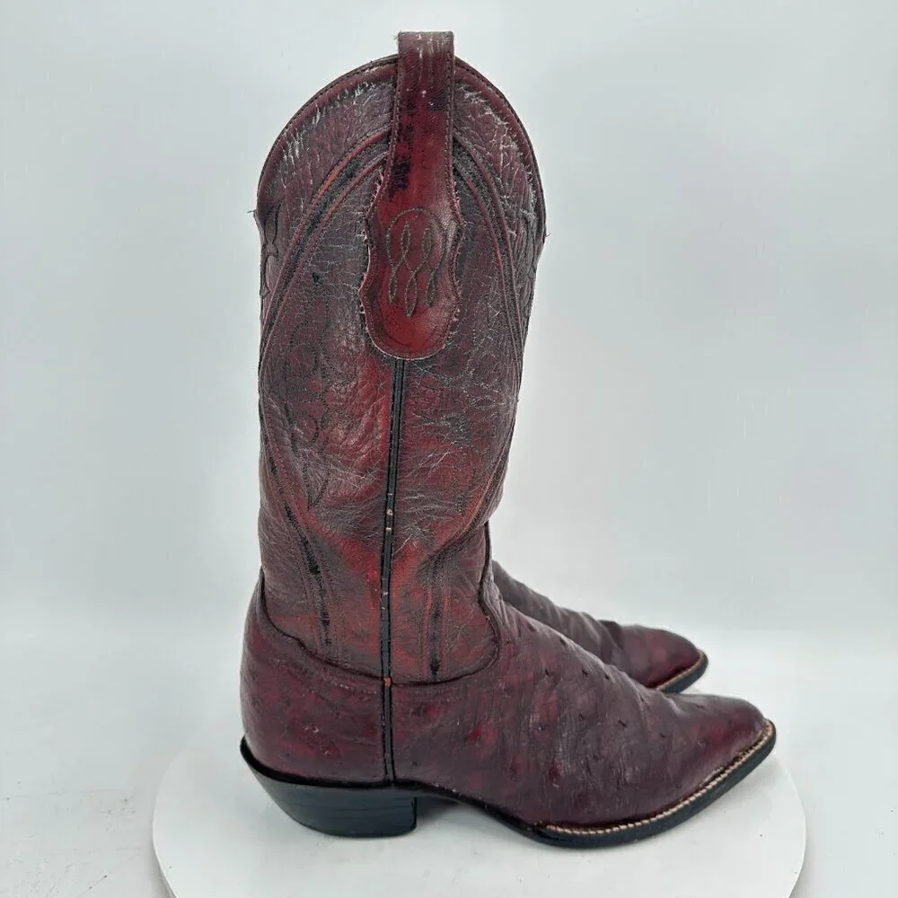 Tony Lama Men Size 7D Burgundy Full Quill Ostrich Leather Pull On Western Boot